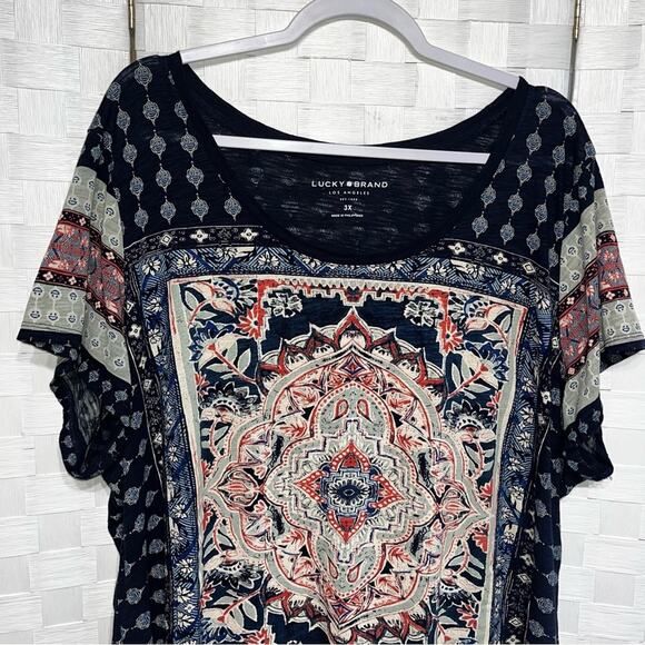 Lucky Brand Womens Persian Carpet Tee Shirt Plus Size 3X Navy Multi Color Blouse - Picture 3 of 15